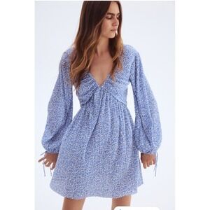 H&M Plissé Floral Milkmaid Babydoll Mini Dress XS Blue Cottagecore Coquette Y2K